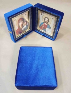 Складень ручной работы 11х13см.синий.бархат,стекло(Арт.21027)(Беликов)