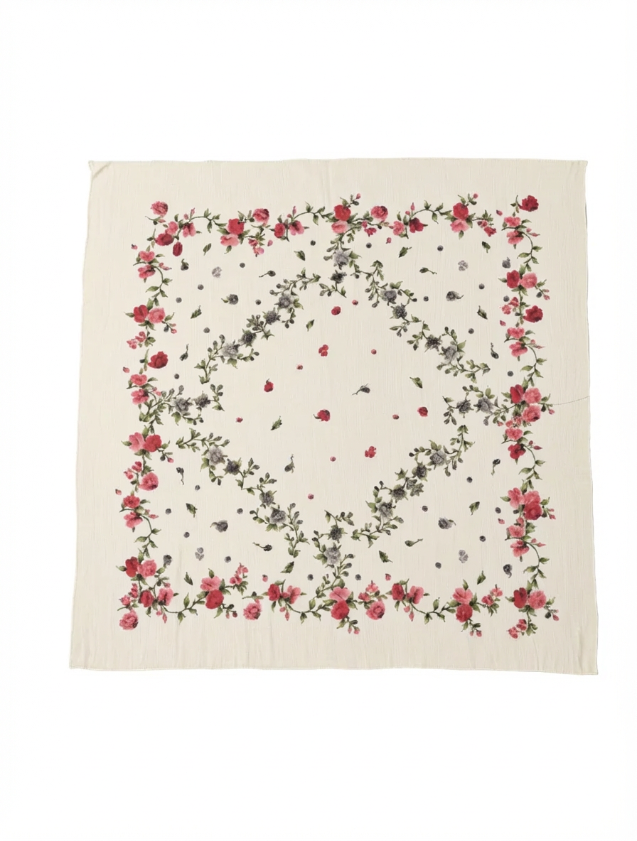 платок батист молочный, узор цветочный, разворот